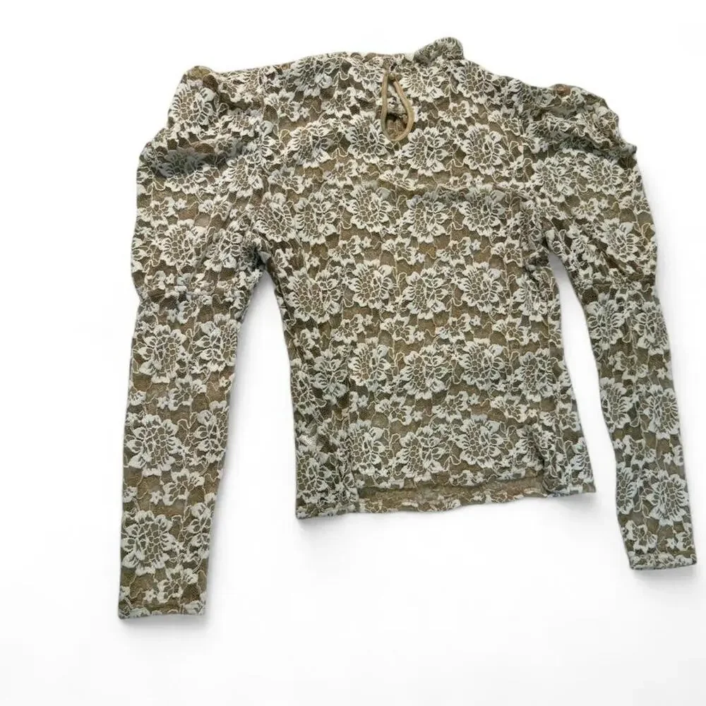 Anthropologie Beige Lace Floral Long-Sleeve Blouse